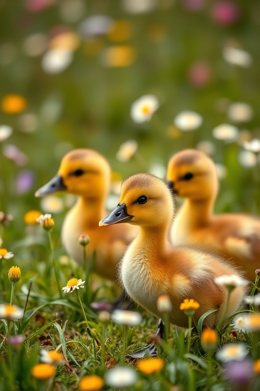 Capture a close-up of baby ducks waddling through a meadow filled with flowers, using a DSLR camera with a 50mm lens, aperture set to f/2.8 for a soft background blur, shutter speed at 1/200 sec, ISO 200, with natural lighting.
