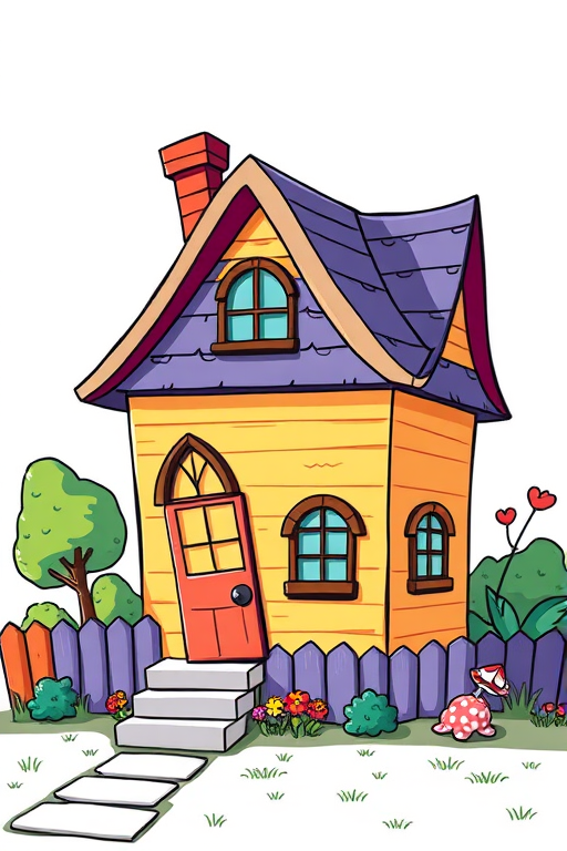 Create a vivid illustration of a whimsical, cartoon-style house with a slanted roof and decorative windows, using a Canon EOS R5 with a 50mm f/1.8 lens, aperture at f/4, ISO 200, shot from a slightly elevated angle for depth and clarity.