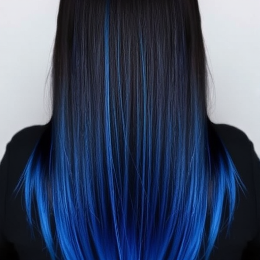 Striking jet black hair with electric blue tips dubbed "Midnight Lightning," falls in a pin-straight curtain from roots to waist, featuring a dramatic contrast between the dark base and vivid ends, exuding an air of mystery and edginess