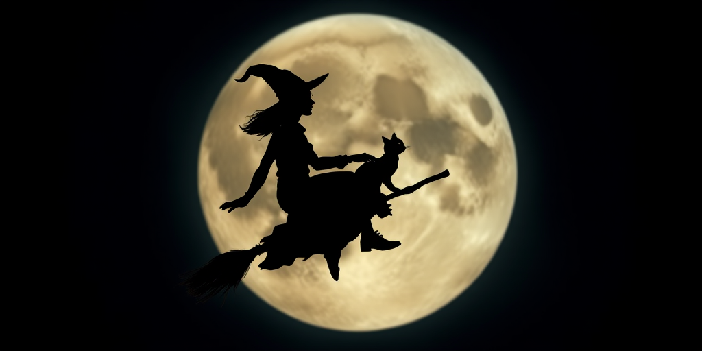 capture a silhouette of a witch flying on a broomstick with a cat against a full moon background, shot with a Canon EOS 5D Mark IV, 100mm lens, f/4 aperture, ISO 200, focus on moon details, night photography style