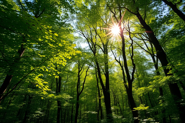 Generate a high-resolution image of a lush, vibrant forest scene with dappled sunlight filtering through the leaves, captured with a Canon EOS R5, 50mm lens, f/1.8 aperture, ISO 200, and a wide-angle view to enhance depth and detail.