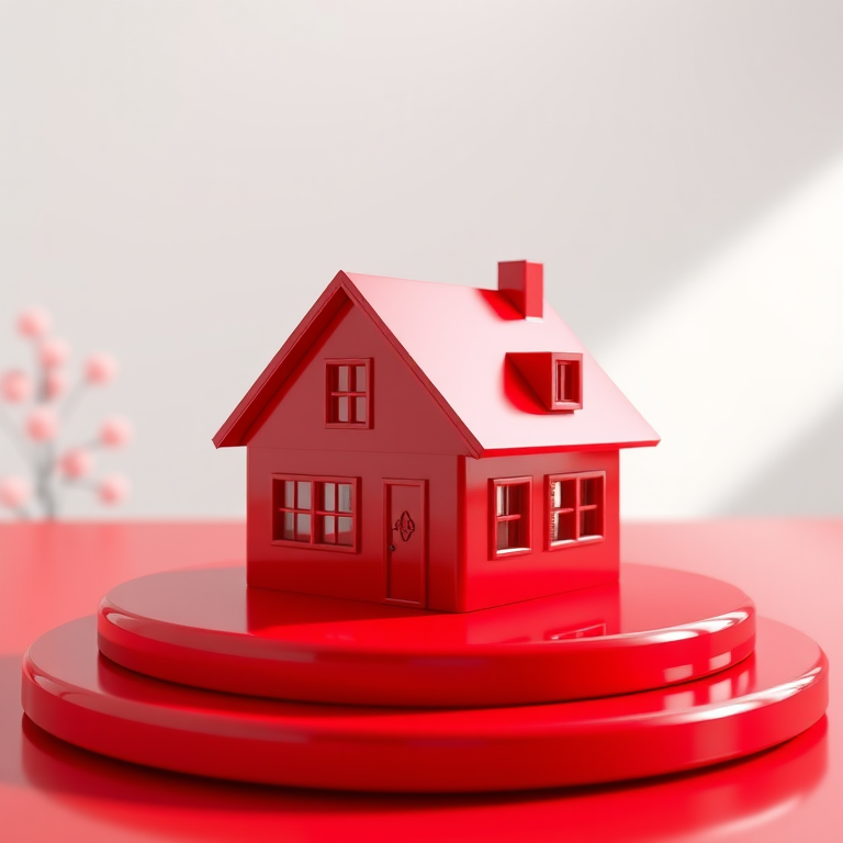 Create a high-resolution 3D rendering of a glossy red house on a red base, shot with a DSLR camera at f/1.8 aperture, ISO 100, with a 50mm lens, in soft natural lighting, focusing on the house to enhance details and vibrancy.