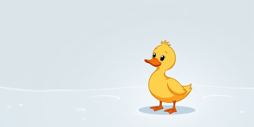 create a playful cartoon-style illustration of a duck standing next to a wavy line representing water with soft, vibrant colors, using a Canon EOS 5D Mark IV with a 24-70mm f/2.8 lens, aperture set to f/8, ISO 100, and a shallow depth of field to enhance image quality.