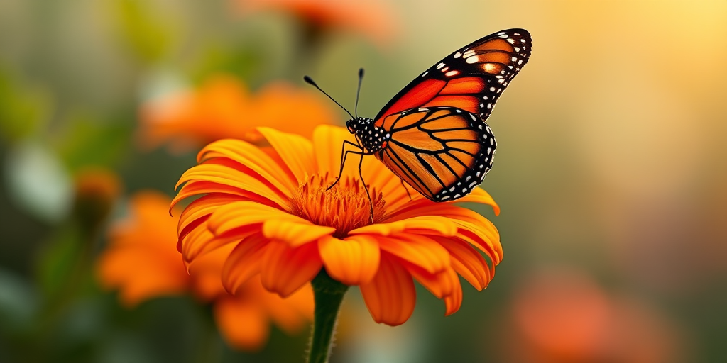 Generate an image of a vibrant butterfly perched on a bright orange flower, with a soft, blurred background that suggests a garden setting. The butterfly should have distinct black and orange patterns on its wings, and the flower should be detailed with vivid petals. The overall mood should be serene and colorful, capturing the beauty of nature.