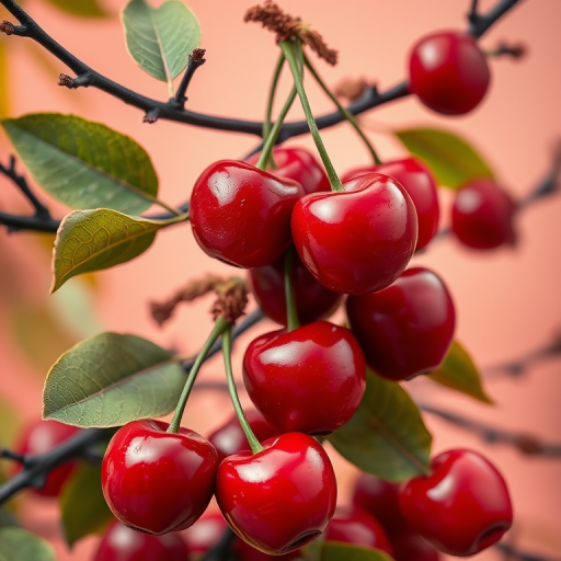 Create a surreal collage of glossy red cherries and vibrant green leaves with artistic black branches, incorporating lips on some cherries, using a Canon EOS R5, f/2.8 aperture, ISO 100, 50mm lens, in soft focus with a warm gradient background for enhanced richness.