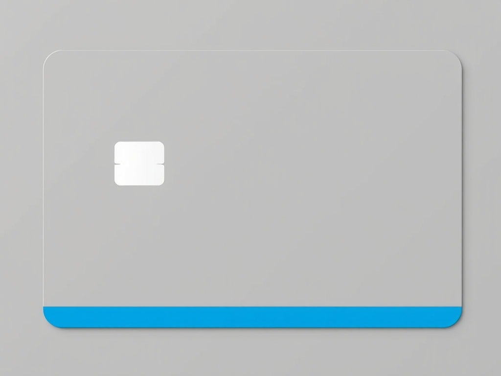 Create a high-resolution vector image of a simple credit card design featuring a gray background, with a prominent white card silhouette and a blue horizontal stripe at the bottom, captured with a Canon EOS 5D Mark IV, using a 50mm f/1.8 lens, at an aperture of f/8, ISO 200, in a studio setting with softbox lighting for even illumination.