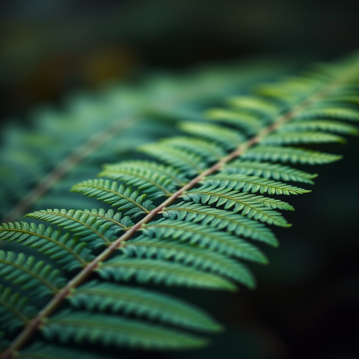 macro shot of a fern leaf with blurred background, aperture f/2.8, shutter speed 1/200s, ISO 100, captured with a Canon EOS R5, using a 100mm macro lens, natural lighting