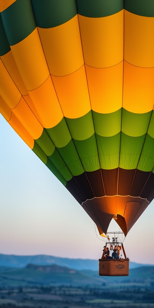 Close-up of a colorful hot air balloon lifting off at dawn, the fabric glowing in the soft morning light, with distant hills and a peaceful countryside visible on the horizon.