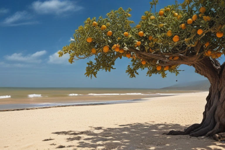 A Tranquil Beach Scene Featuring a Lush Orange Tree by the Shoreline