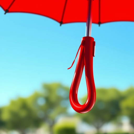 Create a high-resolution illustration of a red umbrella with a curved handle, using a wide aperture of f/2.8 for a shallow depth of field, shot from a slightly low angle to highlight the canopy, with vibrant colors and sharp details, simulating a digital camera type like a Canon EOS with a focal length of 50mm.