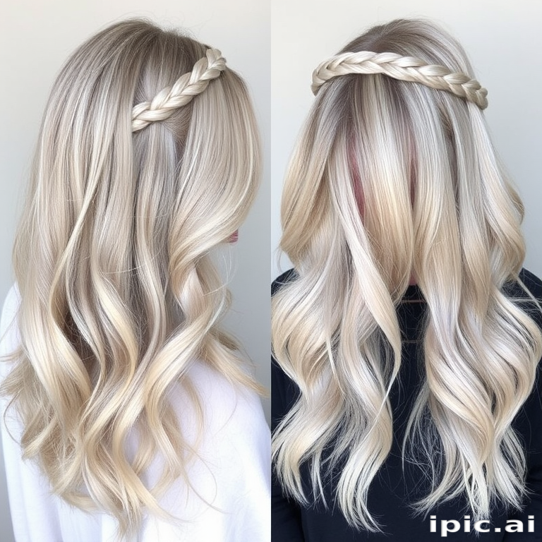 Cool ash blonde hair is transformed into the ethereal "Moonlit Haze" style. The long, layered cut is styled in soft, romantic waves that seem to float weightlessly. Pale silver highlights throughout create a subtle shimmer, while a delicate braided crown adds an elegant, otherworldly touch to this dreamy look.