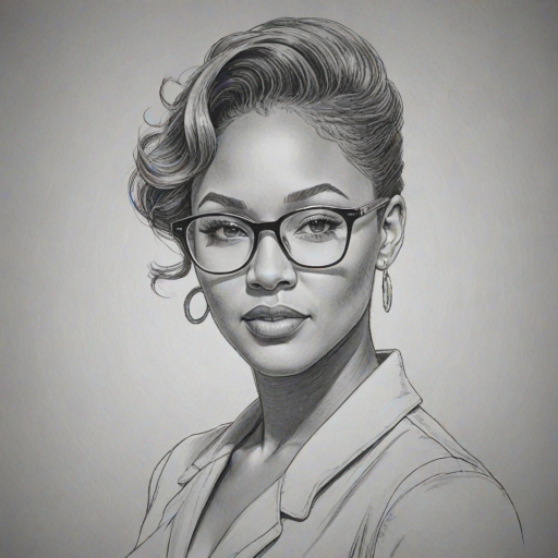 Superb Meagan Good, pencil sketch, portrait of Dazzling woman 1950s in glasses, hair style beatnik, outline, clear lines, fine lines, 8k