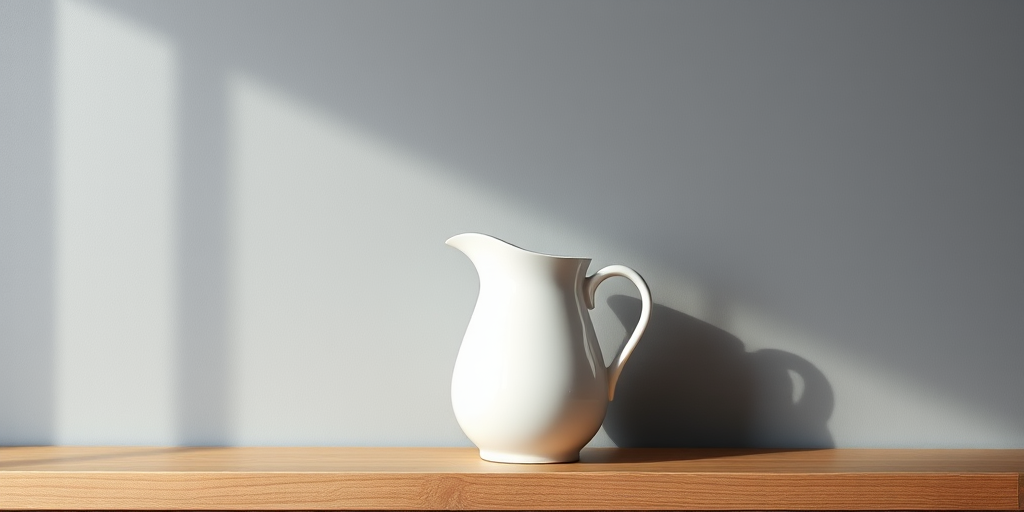 still life of a white pitcher on a wooden shelf against a minimalist gray wall, soft natural lighting, shallow depth of field, 50mm lens, f/1.8, ISO 200, shot at 1/125 sec, DSLR camera, soft focus background