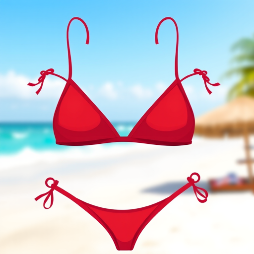 Create a high-resolution illustration of a red bikini featuring a triangular top and low-rise bottom, shot with a 50mm lens at f/2.8, with a shallow depth of field and soft natural lighting, using a DSLR camera to enhance the image clarity and color vibrancy.