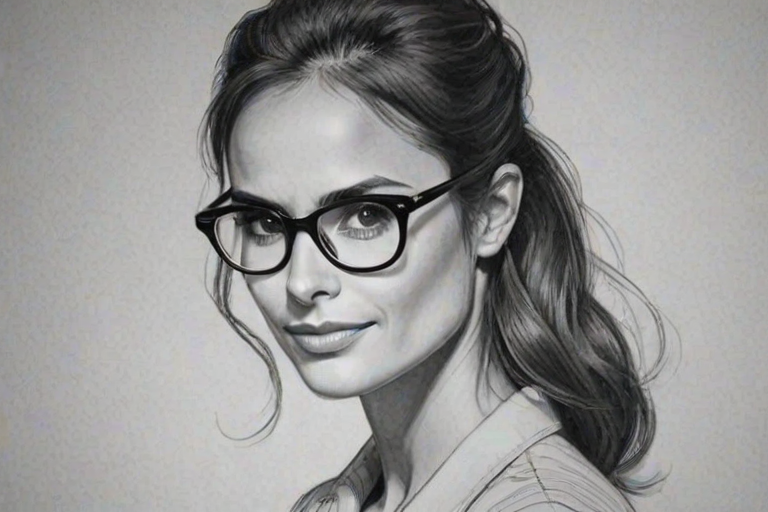 Charming Jordana Brewster, pencil sketch, portrait of Ravishing woman 1950s in glasses, hair style beatnik, outline, clear lines, fine lines, 8k