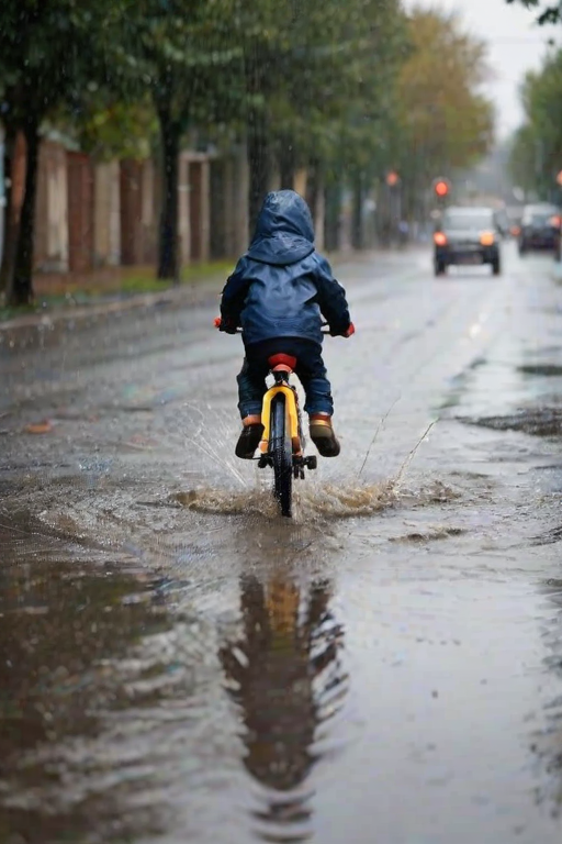 Blurry action shot of a child riding a bike through a puddle on a rainy day, water splashing up in all directions, with soft light from nearby street lamps reflecting off the wet pavement.