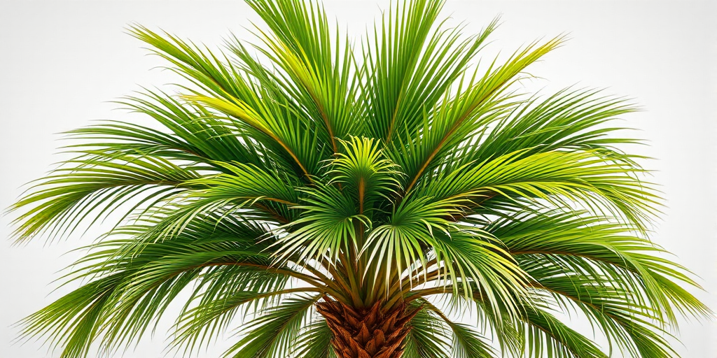 Illustration of a palm tree with vibrant green fronds, set against a simple background, captured with a Canon EOS 5D Mark IV, 50mm lens, aperture f/2.8, ISO 100, in natural light, focus on detail and texture for enhanced image quality.