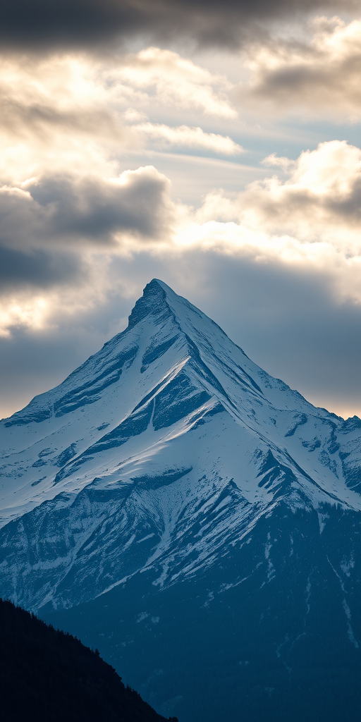 Capture a high-resolution image of a snow-capped mountain peak under a dramatic sky, using a DSLR camera with a 24mm lens, aperture f/8, ISO 100, shutter speed 1/250s, in landscape orientation and natural lighting for enhanced quality.
