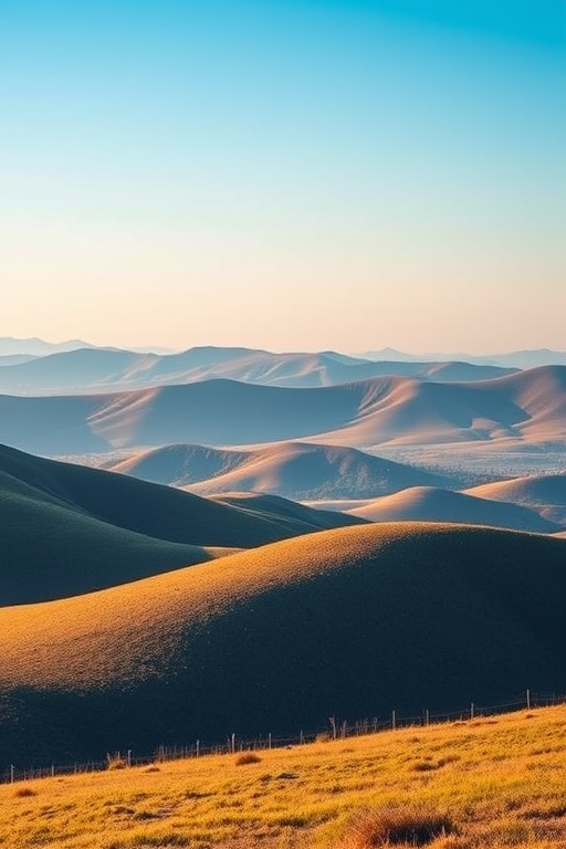 Create a high-resolution image of a serene landscape featuring rolling hills and a clear blue sky, captured with a Canon EOS R5, 24mm f/1.4 lens, ISO 100, 1/200 sec shutter speed, in a wide-angle view for enhanced depth and clarity.