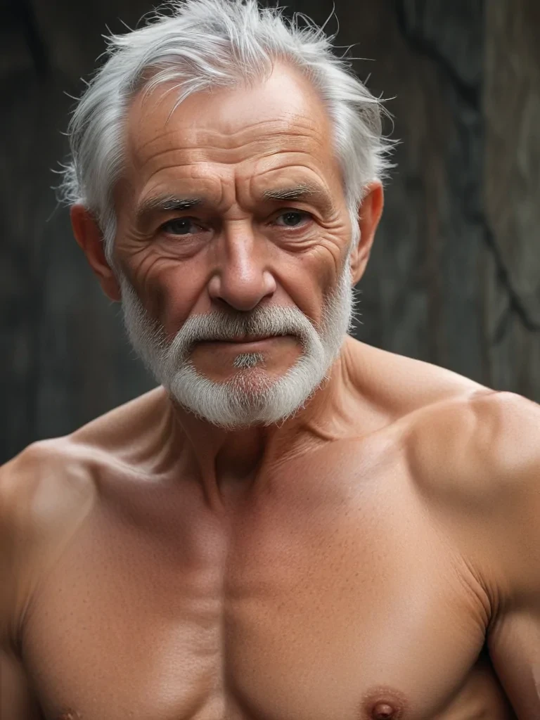 shirtless old man