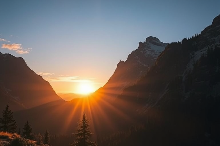 Generate a high-resolution image of a serene mountain landscape during sunrise, camera settings f/8, ISO 100, shutter speed 1/200s, camera view wide-angle, camera style landscape photography, camera type DSLR.