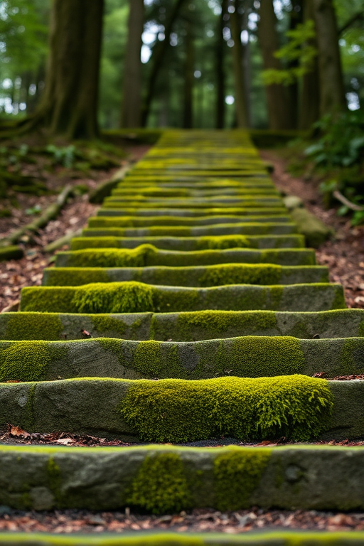 a close-up of moss-covered stone stairs leading upwards in a forest setting, with diffused natural lighting, shallow depth of field, ISO 200, f/4 aperture, 35mm lens, DSLR camera, wide-angle view, high resolution