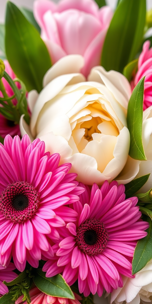 Create a detailed floral arrangement with vibrant pink daisies, white peonies, and various green leaves, captured in a macro view using a DSLR camera at f/2.8 aperture, ISO 100, 1/200 sec shutter speed for sharp focus and enhanced color saturation.