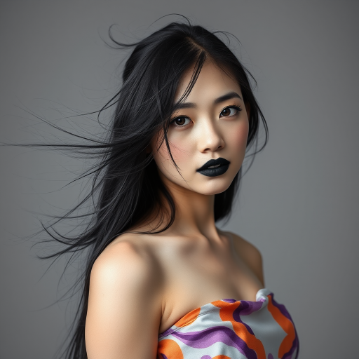 Photographic image of a beautiful young Ainu woman, brown eyes, lips with black lipstick, long hair fluttering in the wind and wearing a silk strapless dress with a soft purple and orange print. monochrome image with only color highlights in the iris of the eyes, lipstick and dress. Gray background.