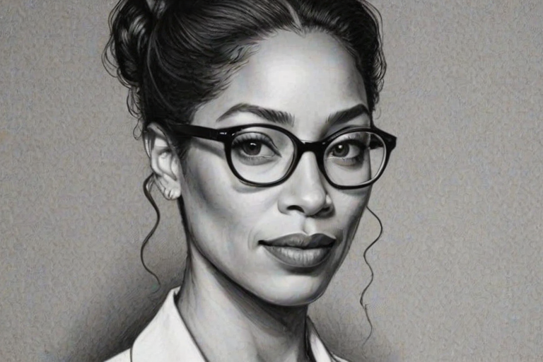 Lovely Gina Torres, pencil sketch, portrait of Magnificent woman 1920s in glasses, hair style beatnik, outline, clear lines, fine lines, 8k