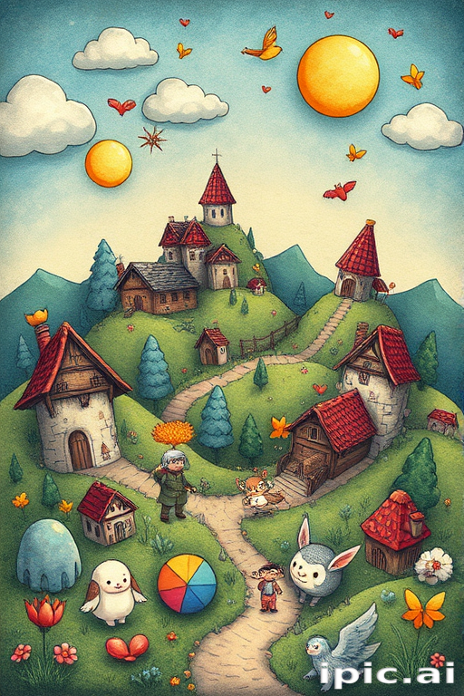 Illustrative tattoo style piece titled "Storybook Dreams" featuring whimsical characters and fantastical landscapes in a colorful children's book illustration style with soft shading and playful linework