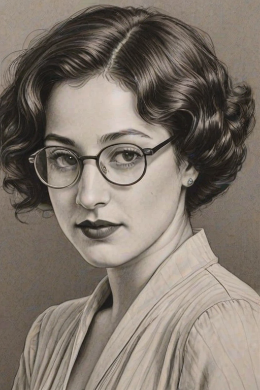 Elegant Ilana Glazer, pencil sketch, portrait of Magnificent woman 1929s in glasses, hair style beatnik, outline, clear lines, fine lines, 8k