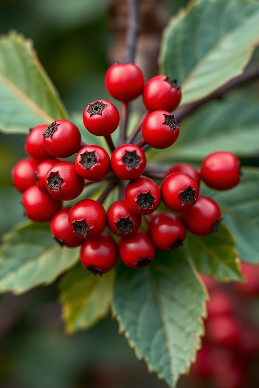 Create a high-resolution image of a cluster of red berries on a branch with green leaves, captured with a Canon EOS 5D Mark IV, 50mm lens, f/2.8 aperture, ISO 100, natural lighting, close-up view.