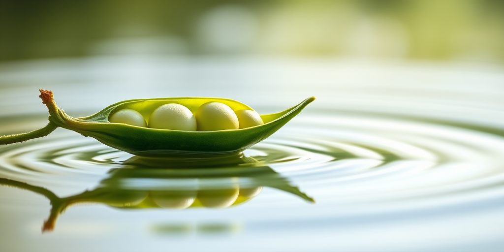 Create an image of a green pea pod with intricate details, reflecting on a calm water surface, taken with a DSLR camera, ISO 100, f/2.8 aperture, 50mm lens, natural sunlight for soft illumination, close-up shot to emphasize texture and color.