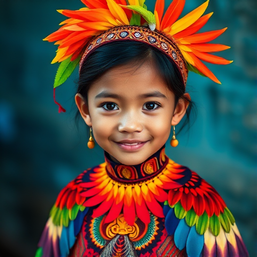 A beautiful Cambodian girl, wearing colorful bird clothing with vibrant colors
