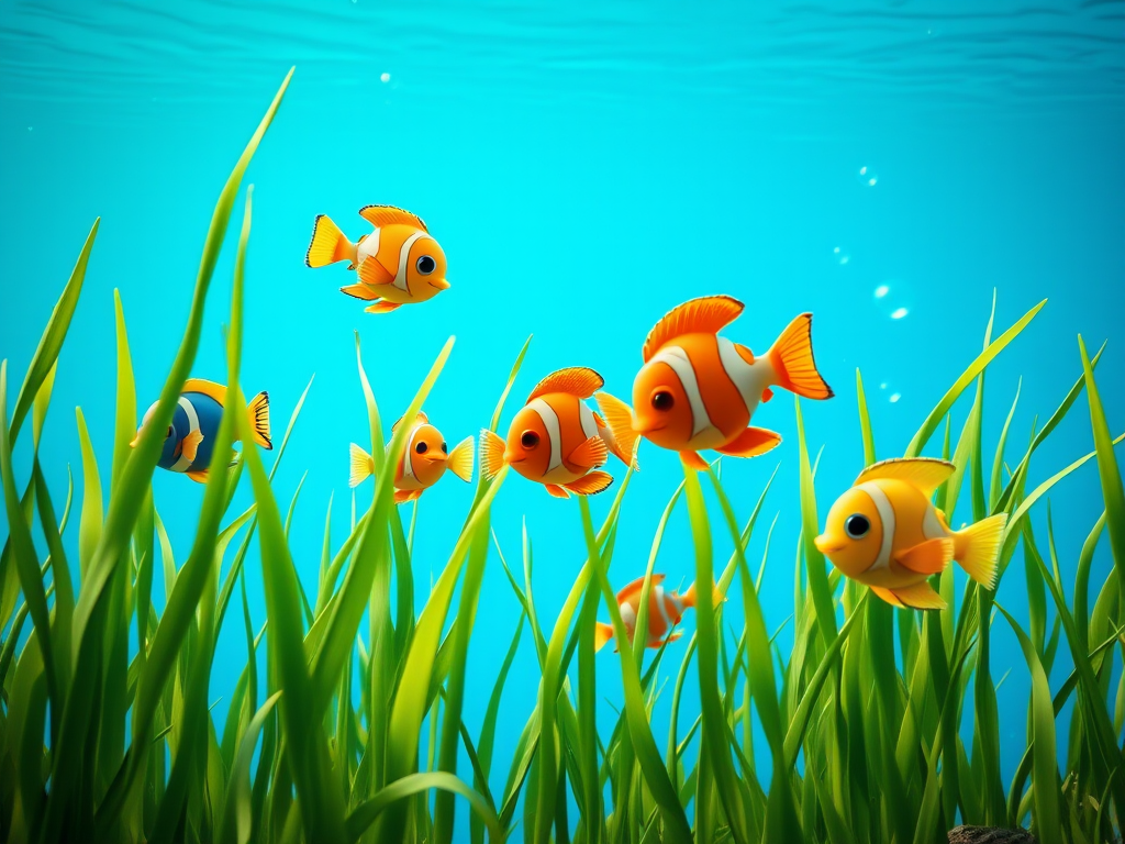 create a vibrant underwater scene with colorful cartoon fish swimming among green seagrass against a bright blue background with soft bubbles, using a Canon EOS R5 with an 85mm lens at f/1.8, aperture priority mode, and ISO 100 for enhanced clarity and depth of field