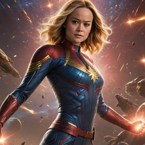 Powerful image of Brie Larson, Captain Marvel's cosmic hero, with her determined expression and glowing fists, soaring through a star-filled galaxy, leaving a trail of energy in her wake as she battles alien spaceships