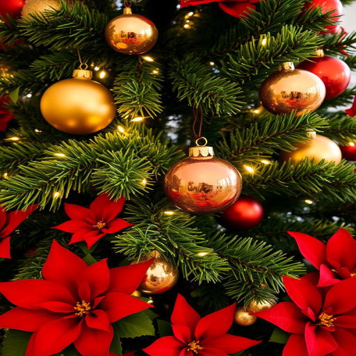 Create a festive Christmas tree scene featuring vibrant green branches adorned with shiny golden and red ornaments. Include twinkling white lights and bright red poinsettias among the foliage to enhance the holiday spirit. Focus on capturing the warm and cheerful atmosphere of a well-decorated tree.
