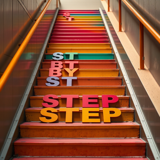 regenerate the image of colorful rainbow stairs with large 3D letters spelling "STEP BY STEP" in vibrant colors, using a DSLR camera with a 50mm lens, aperture set to f/2.8 for shallow depth of field, ISO 100 for optimal brightness, and a low angle perspective to emphasize the stairs and letters.