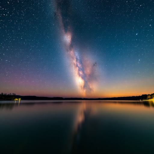 capture a night sky with the Milky Way over a calm lake, using a Canon EOS R, 24mm lens, f/2.8 aperture, ISO 1600, 20-second exposure, from a low angle perspective to foreground the water and reflections, ensuring sharp focus and vibrant colors