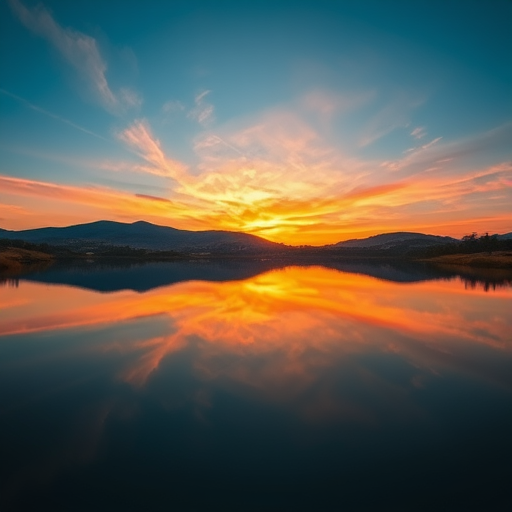 Generate a high-resolution image of a serene landscape at sunset with vibrant colors and clear reflections in a still lake using a Canon EOS R5, 24mm f/1.4 lens, ISO 200, shutter speed 1/60 sec, aperture f/8, wide-angle view, natural lighting, and a cinematic style.
