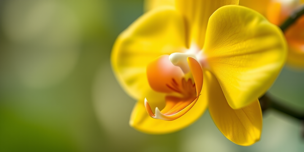 regenerate an image of a vibrant yellow orchid flower with a soft-focus background, captured with a Canon EOS R5, 85mm lens, aperture f/1.8, shutter speed 1/200s, ISO 100, natural lighting, macro view, emphasizing delicate petal details and a smooth bokeh effect