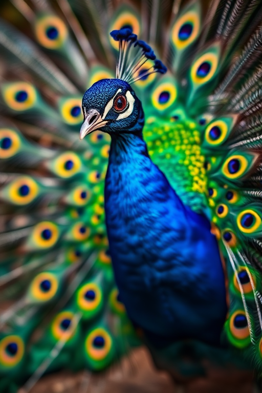 Capture a vividly detailed peacock displaying its vibrant plumage, shot with a Canon EOS R5 at f/2.8, ISO 100, 1/200 sec, using a 100mm macro lens from a low angle to emphasize the iridescent colors and intricate feather patterns against a blurred background.