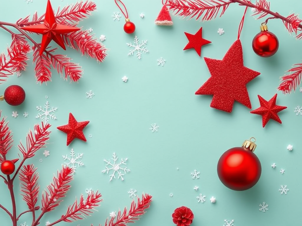 create a festive winter scene with a light teal background featuring red Christmas decorations including a tree, star, and round ornament, add white snowflakes scattered throughout, photograph with a DSLR camera, 50mm lens, f/2.8 aperture, ISO 100, soft focus for a dreamy background effect