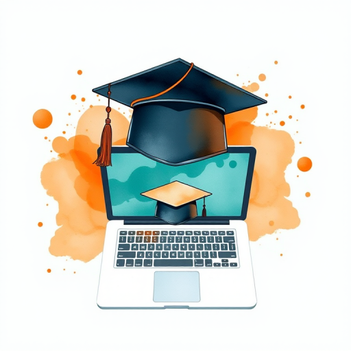Create a digital illustration of a graduation cap above a laptop with a graduation cap on the screen, using watercolor splash effects in orange and teal, taken with a DSLR camera at f/8 aperture, ISO 100, 35mm lens, shot from a slight overhead angle for a dynamic perspective.