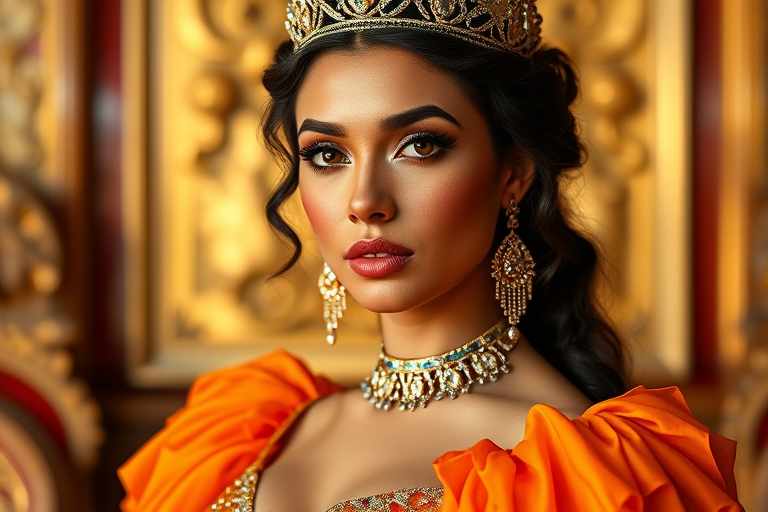 A gorgeous Native American woman in a luxurious orange gown, accessorized with a dazzling tiara and statement earrings, her deep Yellow eyes highlighted by impeccable makeup, poised in a royal setting, photorealistic, 8K quality