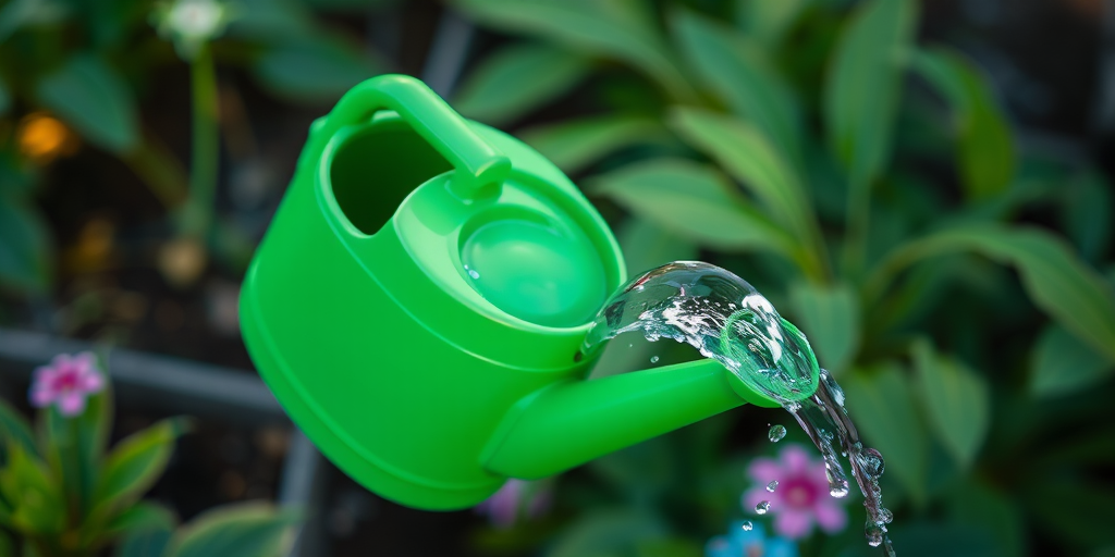 Regenerate a vibrant green watering can pouring water, use a 50mm lens, f/2.8 aperture for a shallow depth of field, ISO 100 for clarity, shot from a high angle view, using a DSLR camera for high resolution.