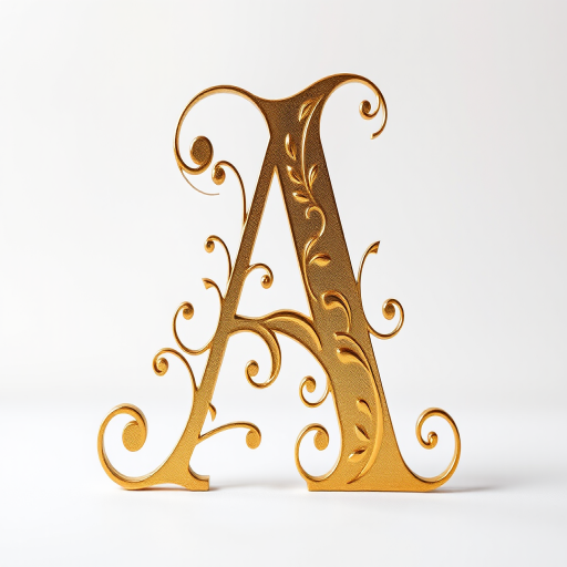 Create an elegant golden letter "A" adorned with intricate swirls and floral designs on a clean background, captured with a DSLR camera at f/2.8, ISO 100, and a 50mm lens, using a shallow depth of field for a soft bokeh effect.