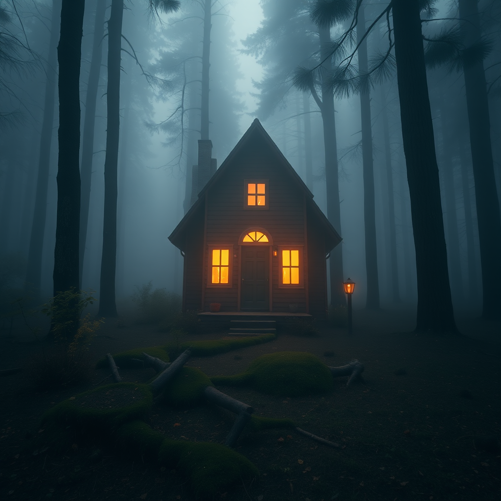 A whimsical cottage in a foggy forest, warm lights glowing from the windows, surrounded by tall, shadowy trees, taken with a Canon EOS R5, 24mm lens, f/1.8 aperture, ISO 400, with a soft focus and warm color grading.