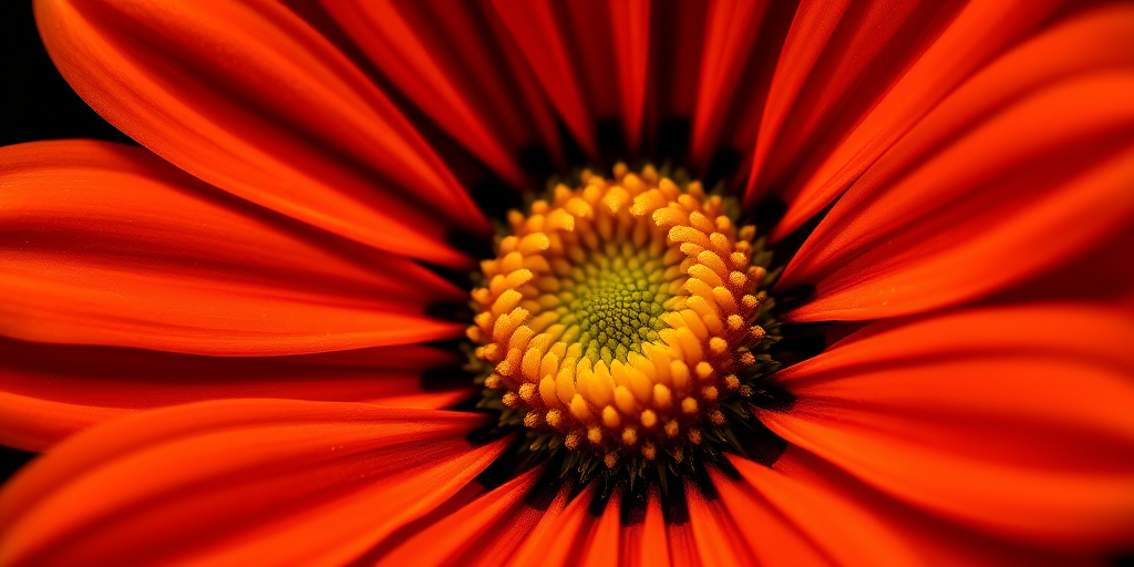 macro shot of a vibrant orange flower with intricate details in the center, natural lighting, aperture f/2.8, ISO 100, shutter speed 1/200s, 50mm lens, taken with a DSLR camera, focus on flower's texture and colors against a black background