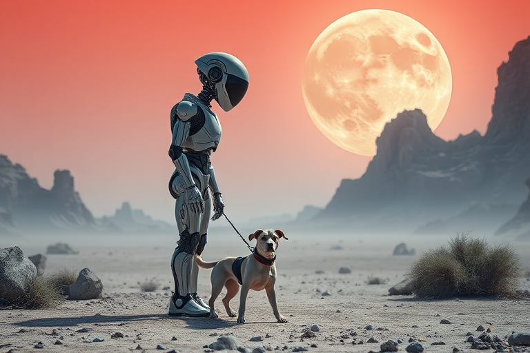 A futuristic landscape on an alien planet featuring a humanoid robot with a dog in the foreground, a large moon in the background, soft lighting, high resolution, DSLR camera settings: aperture f/8, ISO 100, shutter speed 1/125, wide-angle lens, low angle view, captured in vibrant colors for enhanced depth.